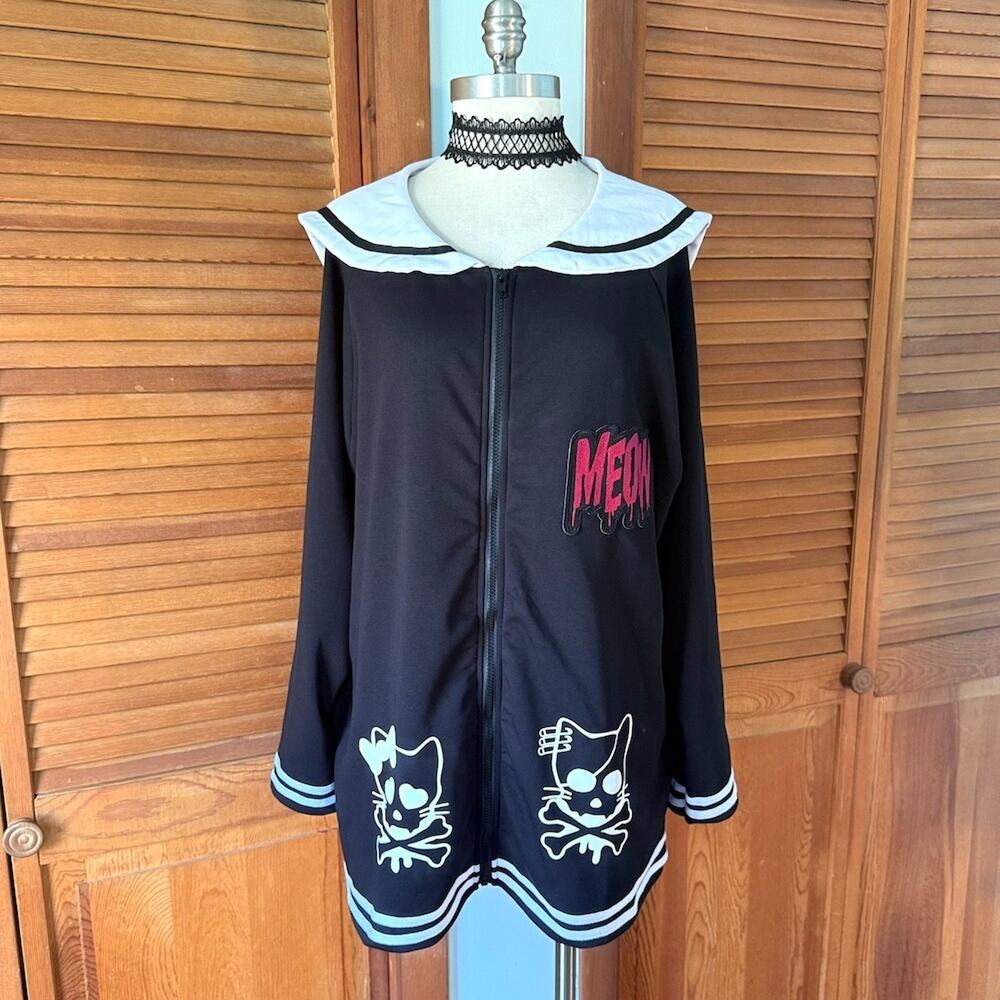 ACDC Rag Punk Goth Emo Black & White Kitty Cat Sailor Collar Jacket Plus Size